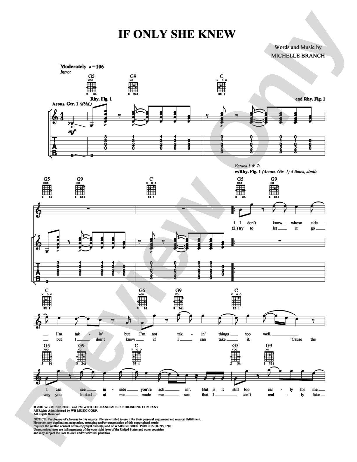 If Only She Knew: Guitar TAB Digital Sheet Music