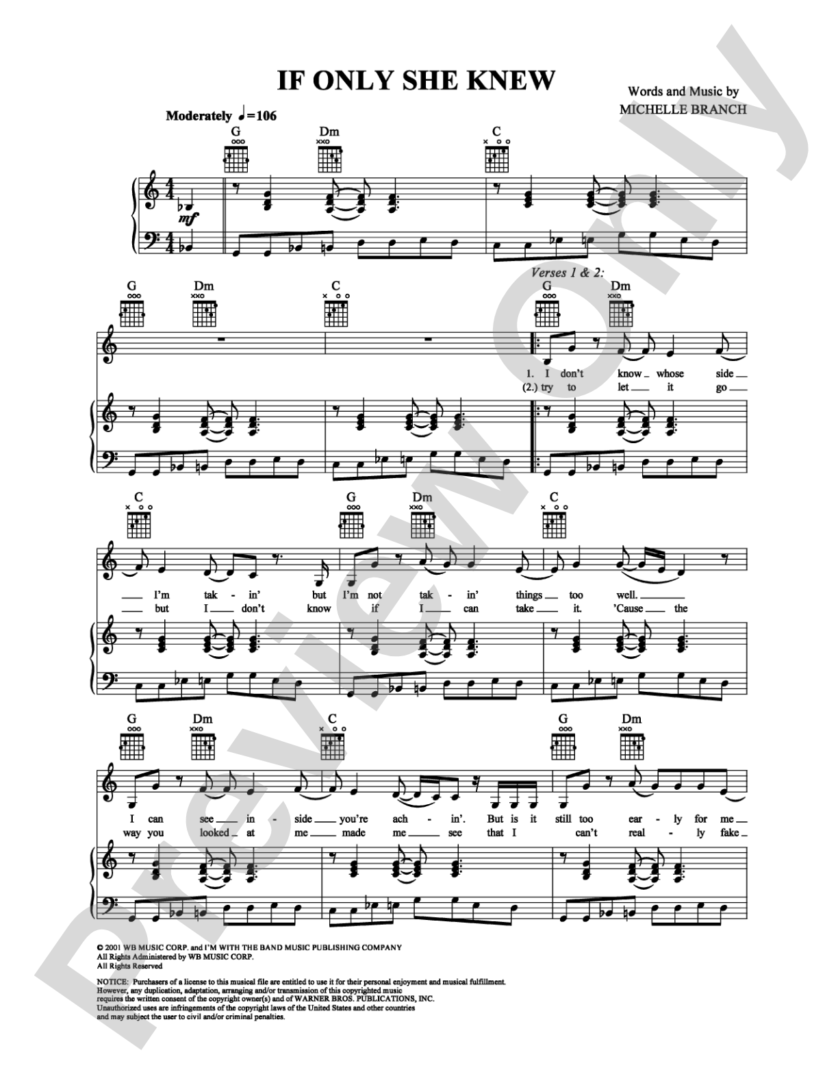 If Only She Knew: Piano/Vocal/Chords Digital Sheet Music