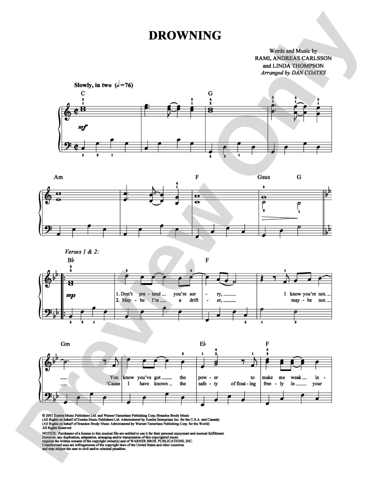 Drowning: Easy Piano Digital Sheet Music