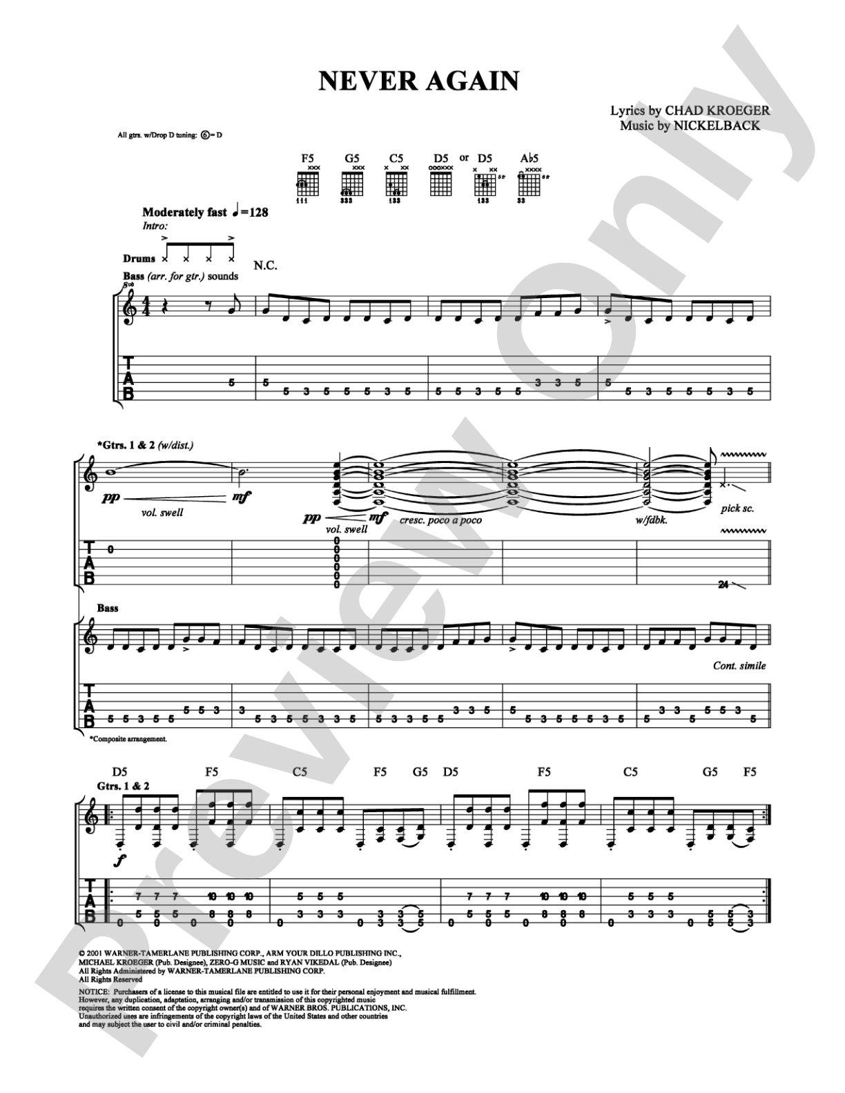 Never Again: Guitar TAB Digital Sheet Music