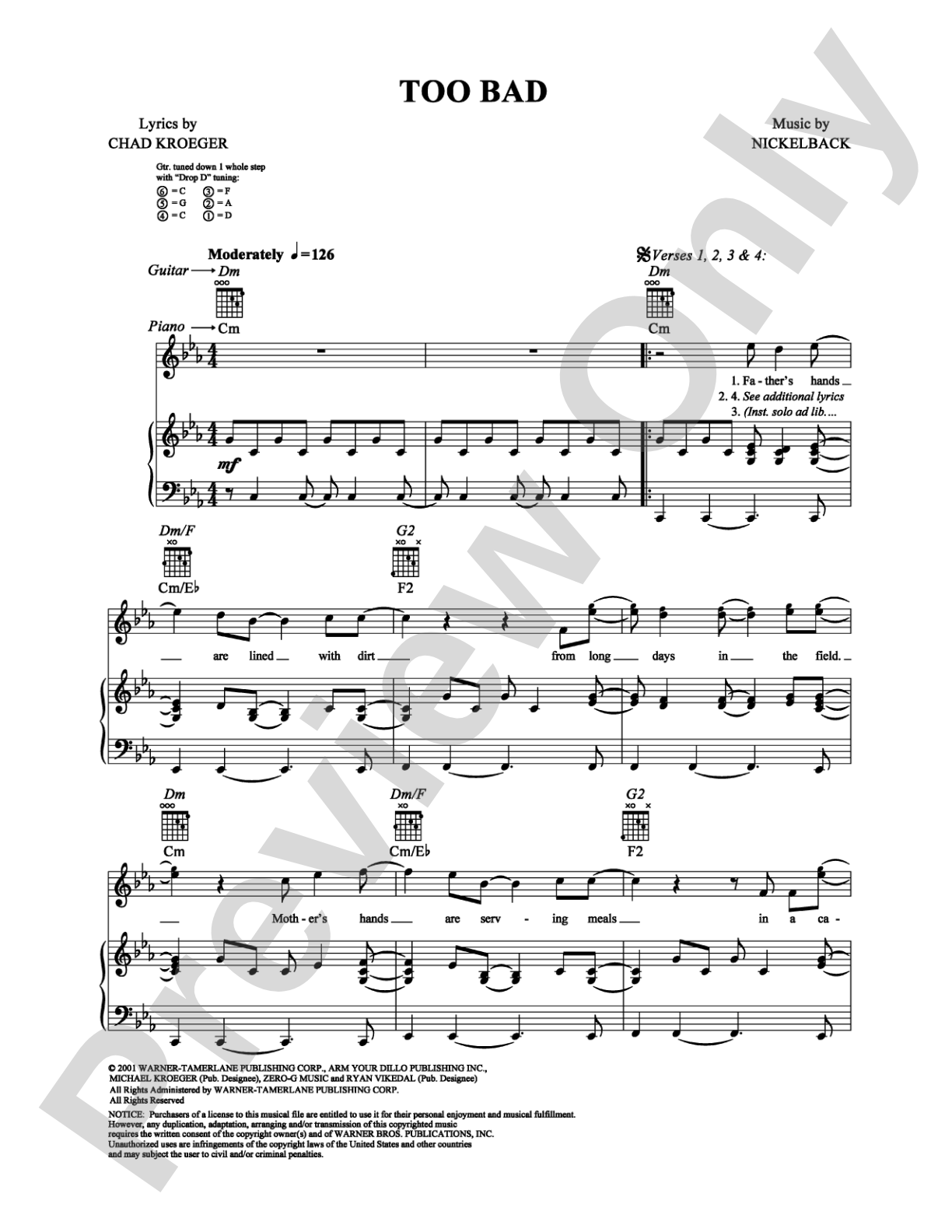 Too Bad: Piano/Vocal/Chords Digital Sheet Music