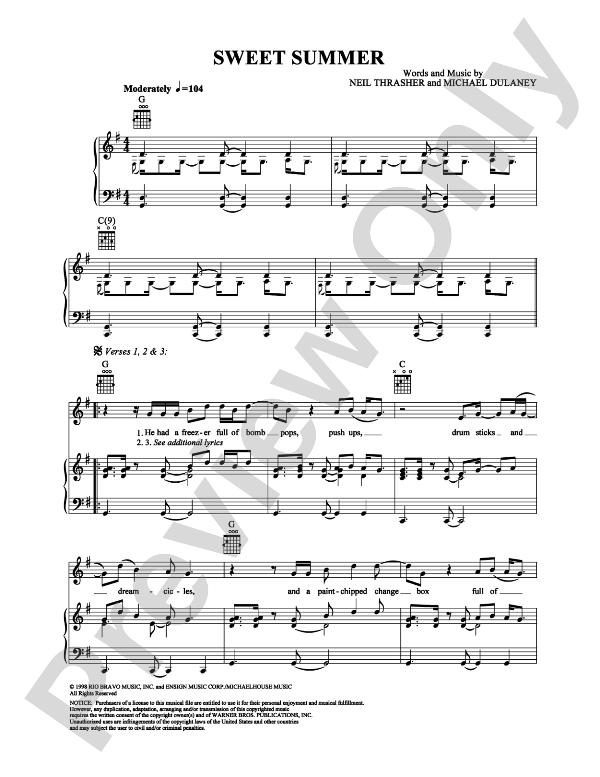Sweet Summer: Piano/Vocal/Chords Digital Sheet Music