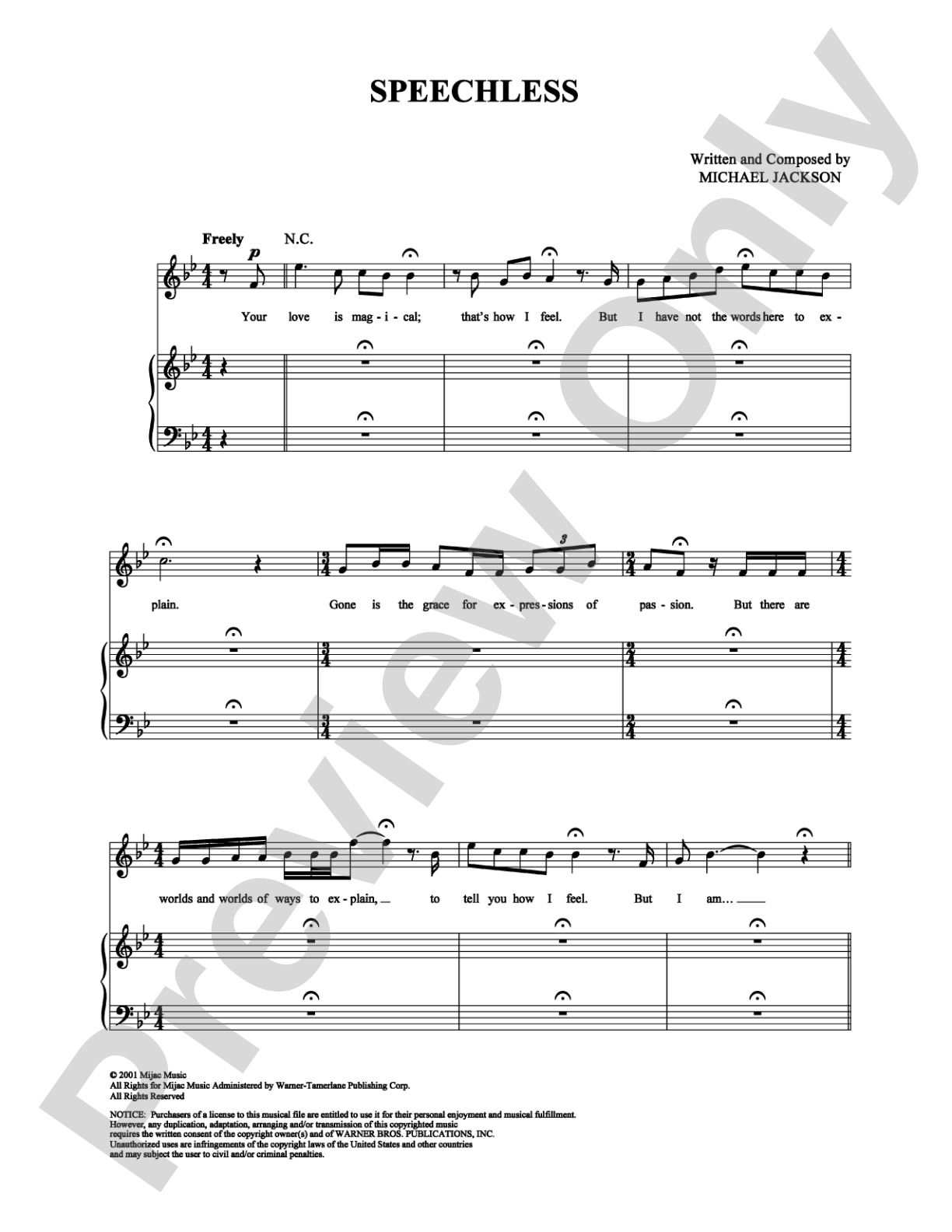 Speechless: Piano/Vocal/Chords Digital Sheet Music