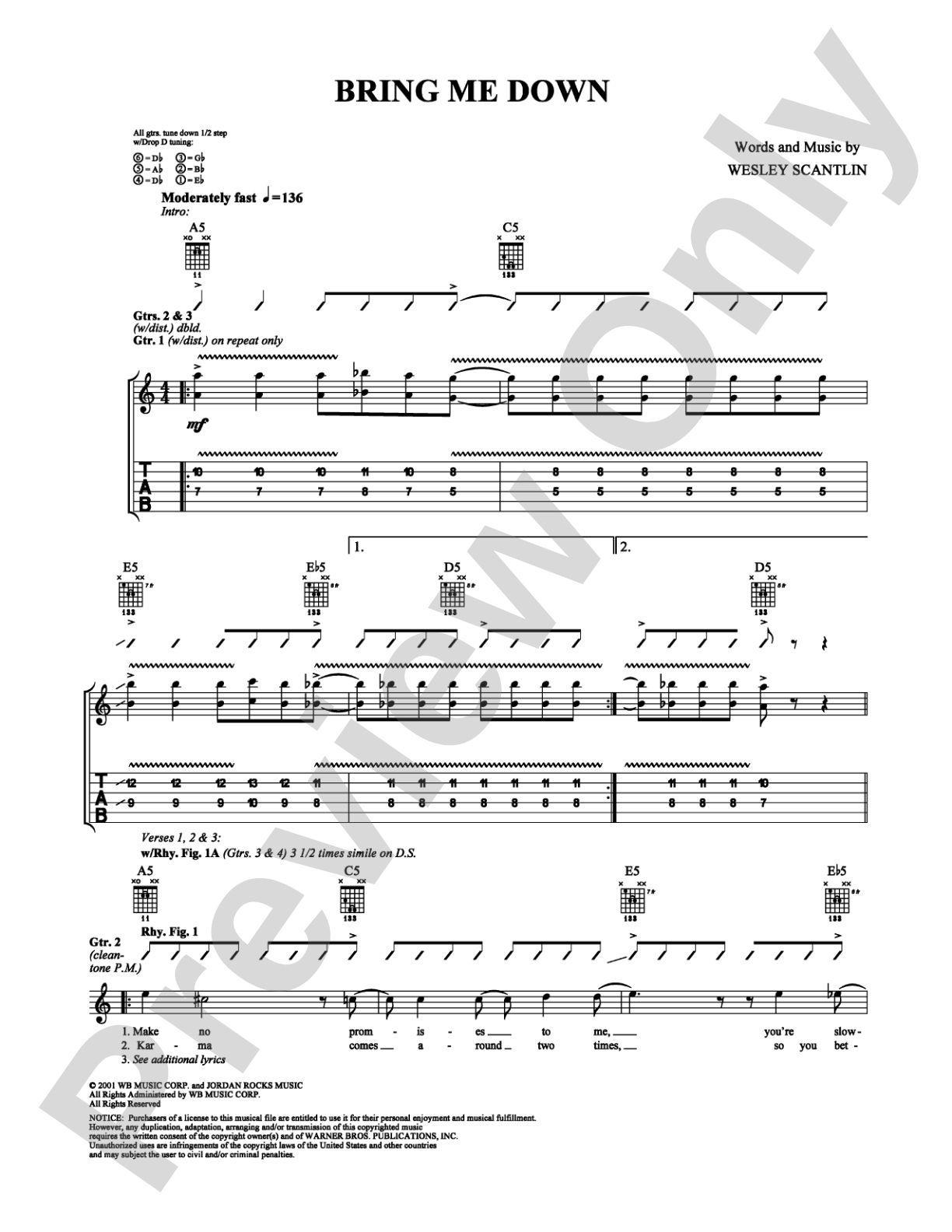 Bring Me Down: Guitar TAB Digital Sheet Music