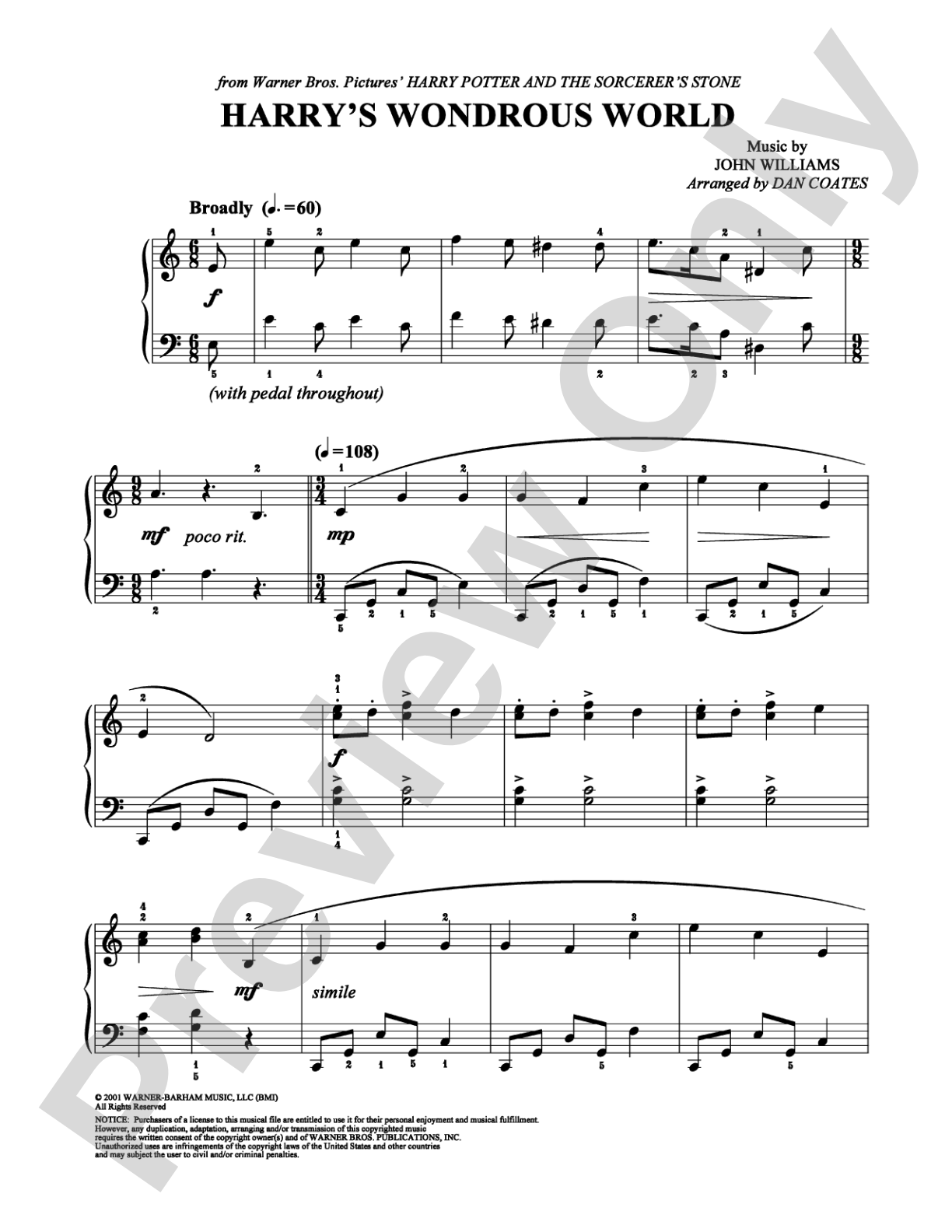 Harry's Wondrous World: Easy Piano Digital Sheet Music