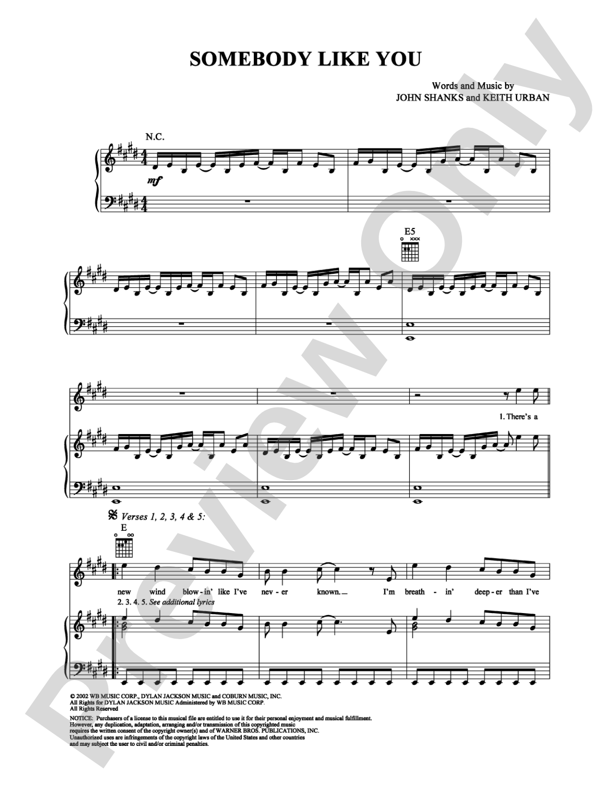 Somebody Like You: Piano/Vocal/Chords Digital Sheet Music