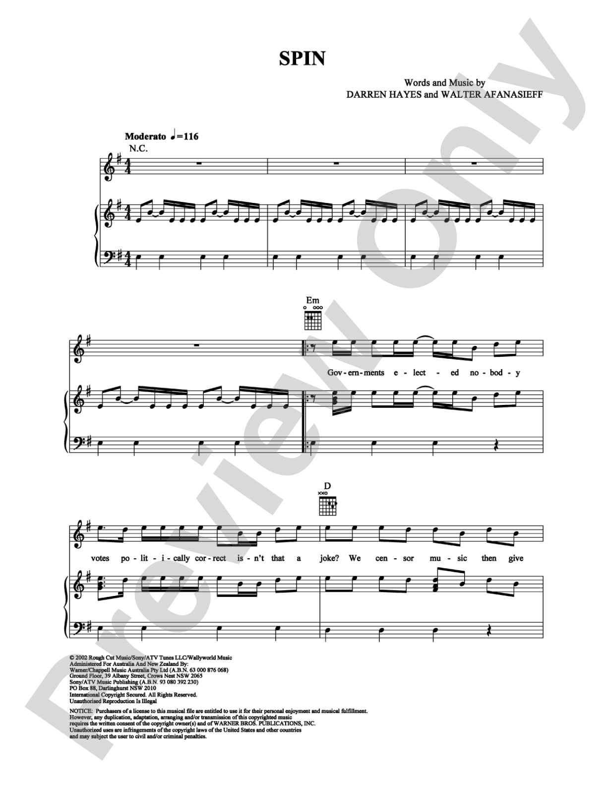 Spin: Piano/Vocal/Chords Digital Sheet Music