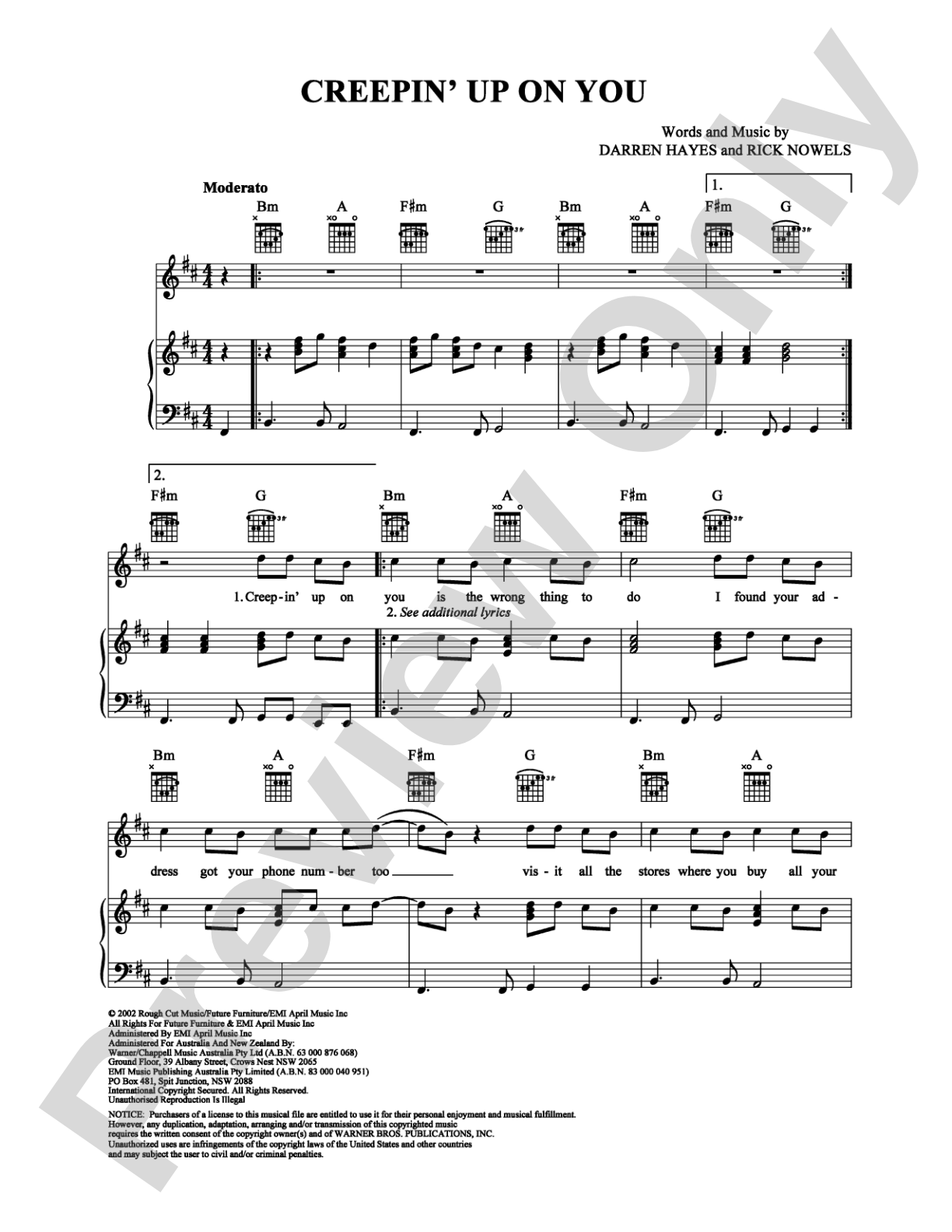 Creepin' Up on You: Piano/Vocal/Chords Digital Sheet Music