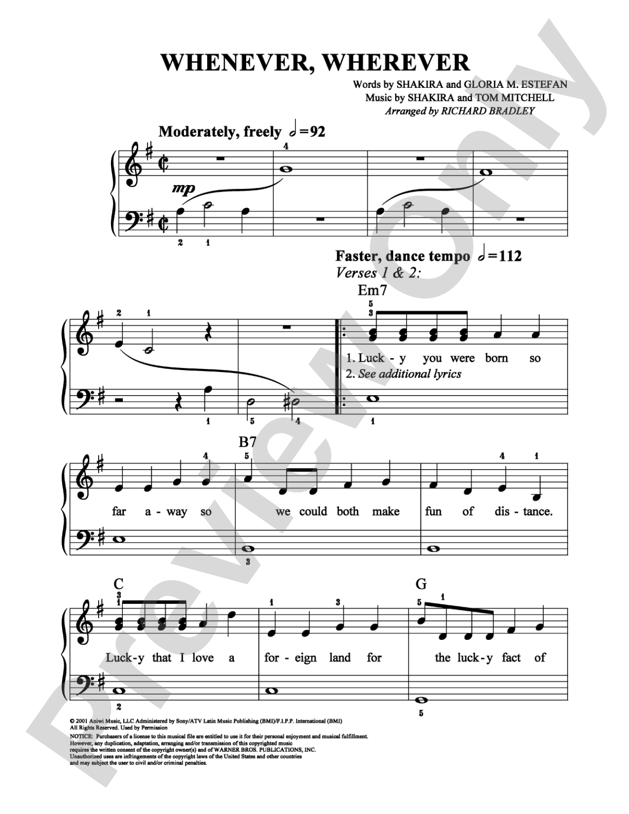 Whenever, Wherever: Easy Piano Digital Sheet Music