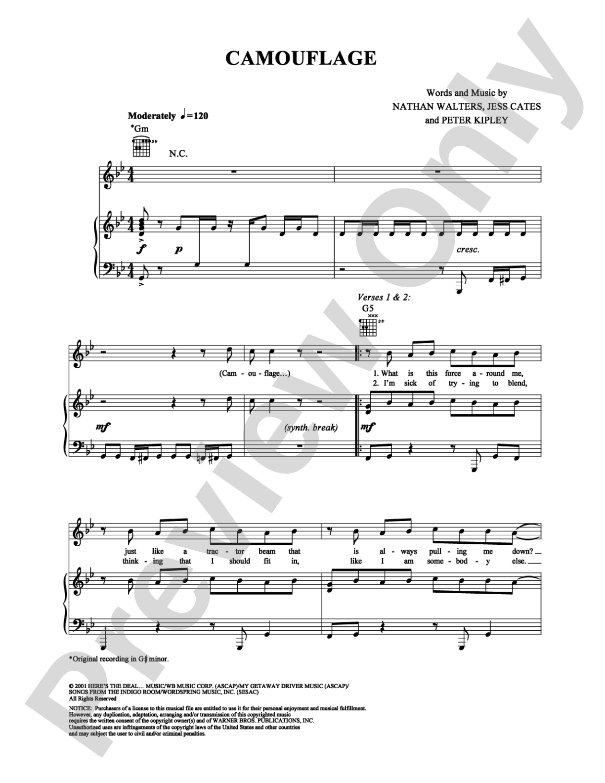 Camouflage: Piano/Vocal/Chords Digital Sheet Music