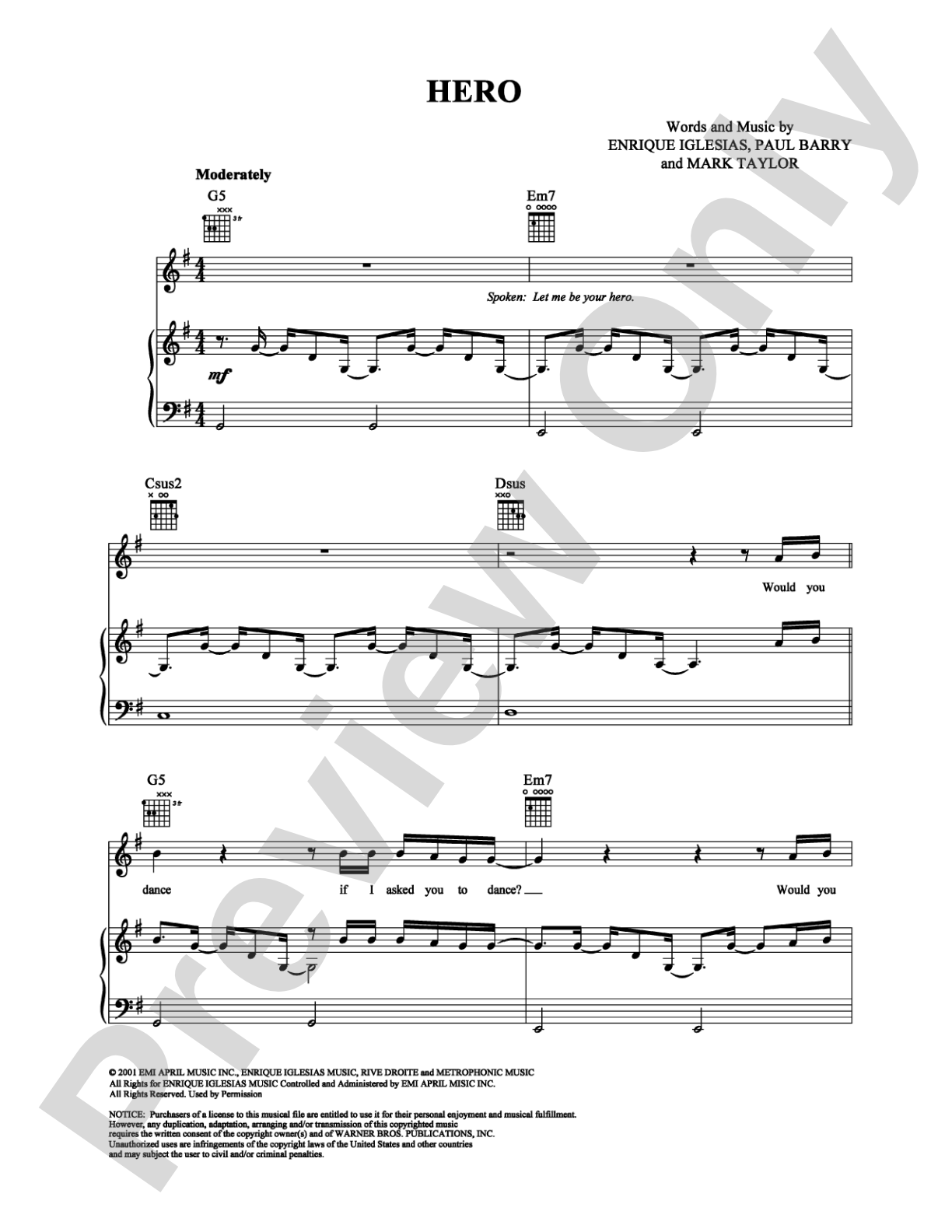 Hero: Piano/Vocal/Chords Digital Sheet Music