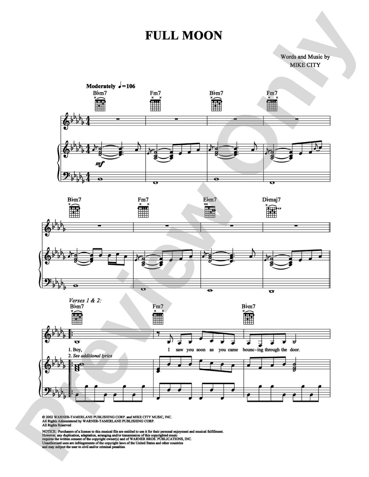 Full Moon: Piano/Vocal/Chords Digital Sheet Music