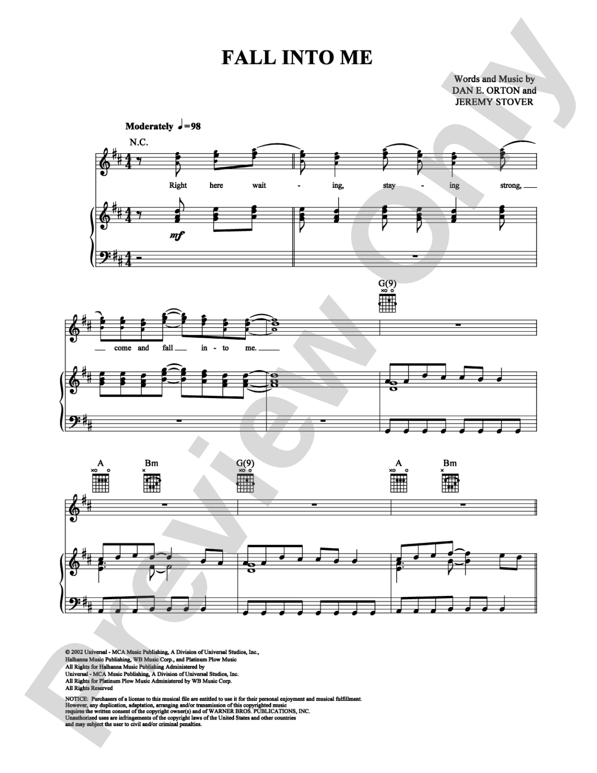 Fall Into Me: Piano/Vocal/Chords Digital Sheet Music