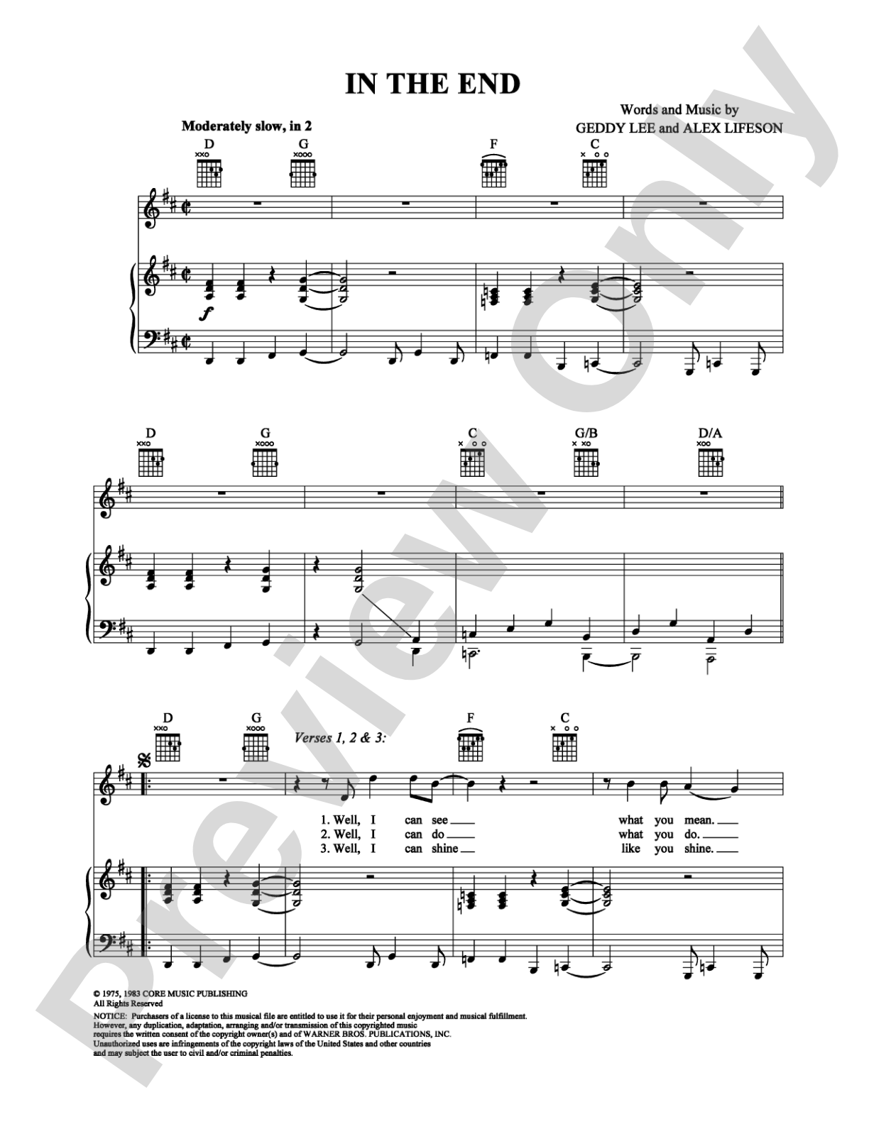 In The End: Piano/Vocal/Chords Digital Sheet Music