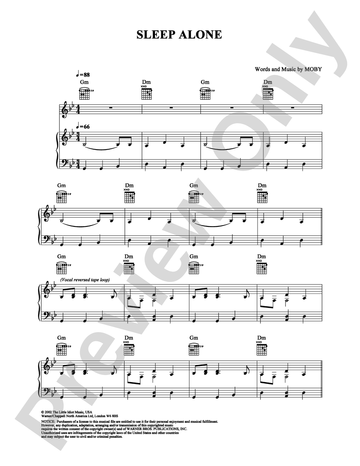 Sleep Alone: Piano/Vocal/Chords Digital Sheet Music