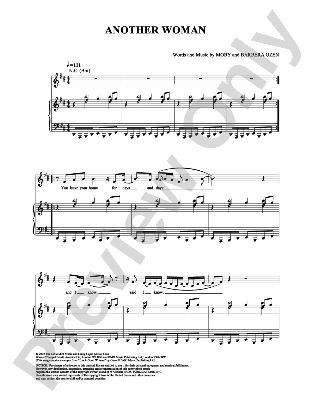 Another Woman: Piano/Vocal/Chords Digital Sheet Music