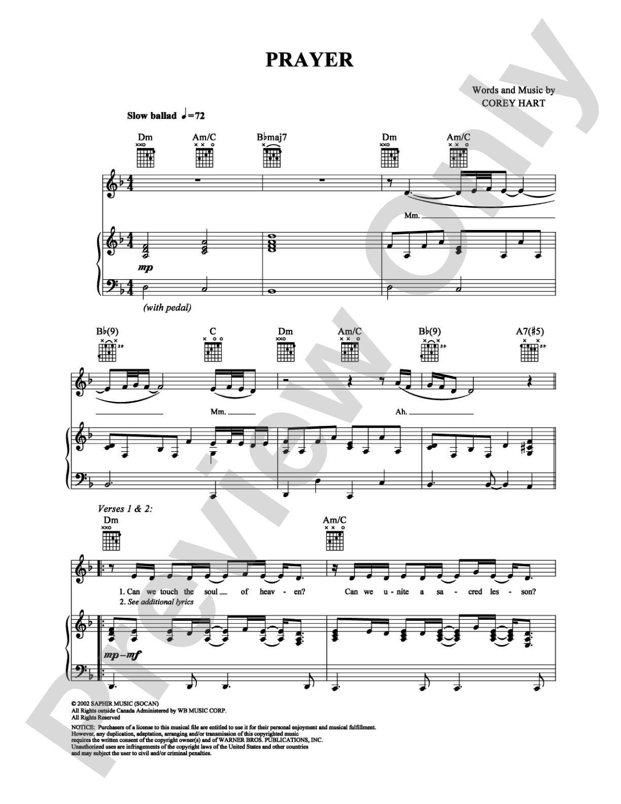 Prayer: Piano/Vocal/Chords Digital Sheet Music