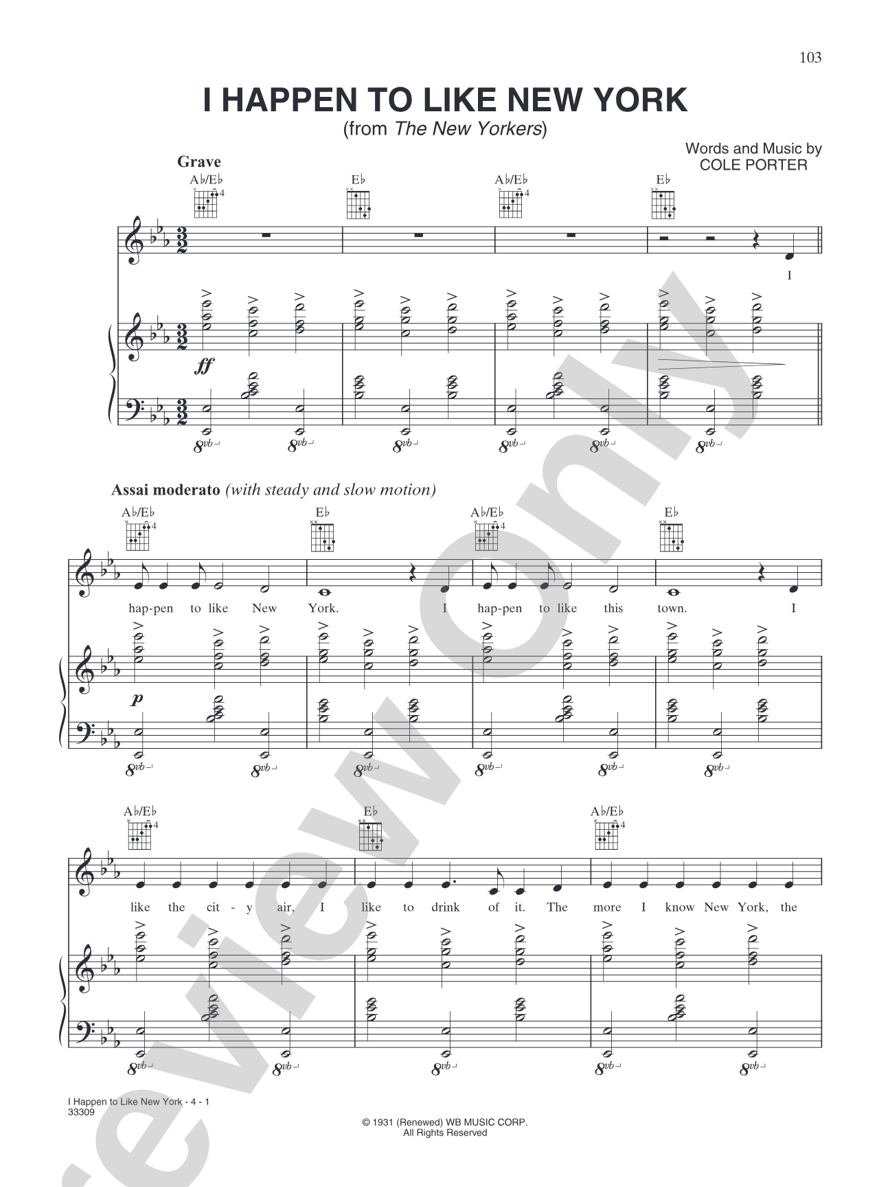 I Happen to Like New York (from "The New Yorkers"): Piano/Vocal/Chords