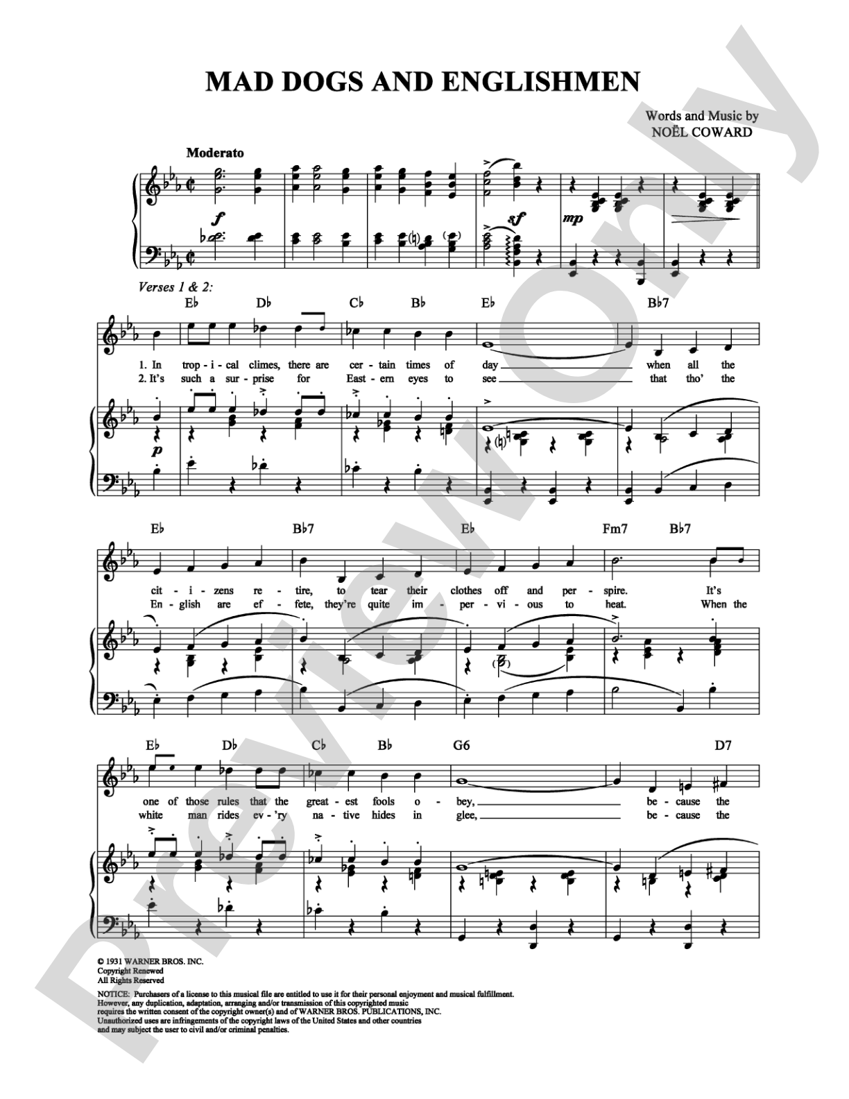 Mad Dogs and Englishmen: Piano/Vocal/Chords Digital Sheet Music