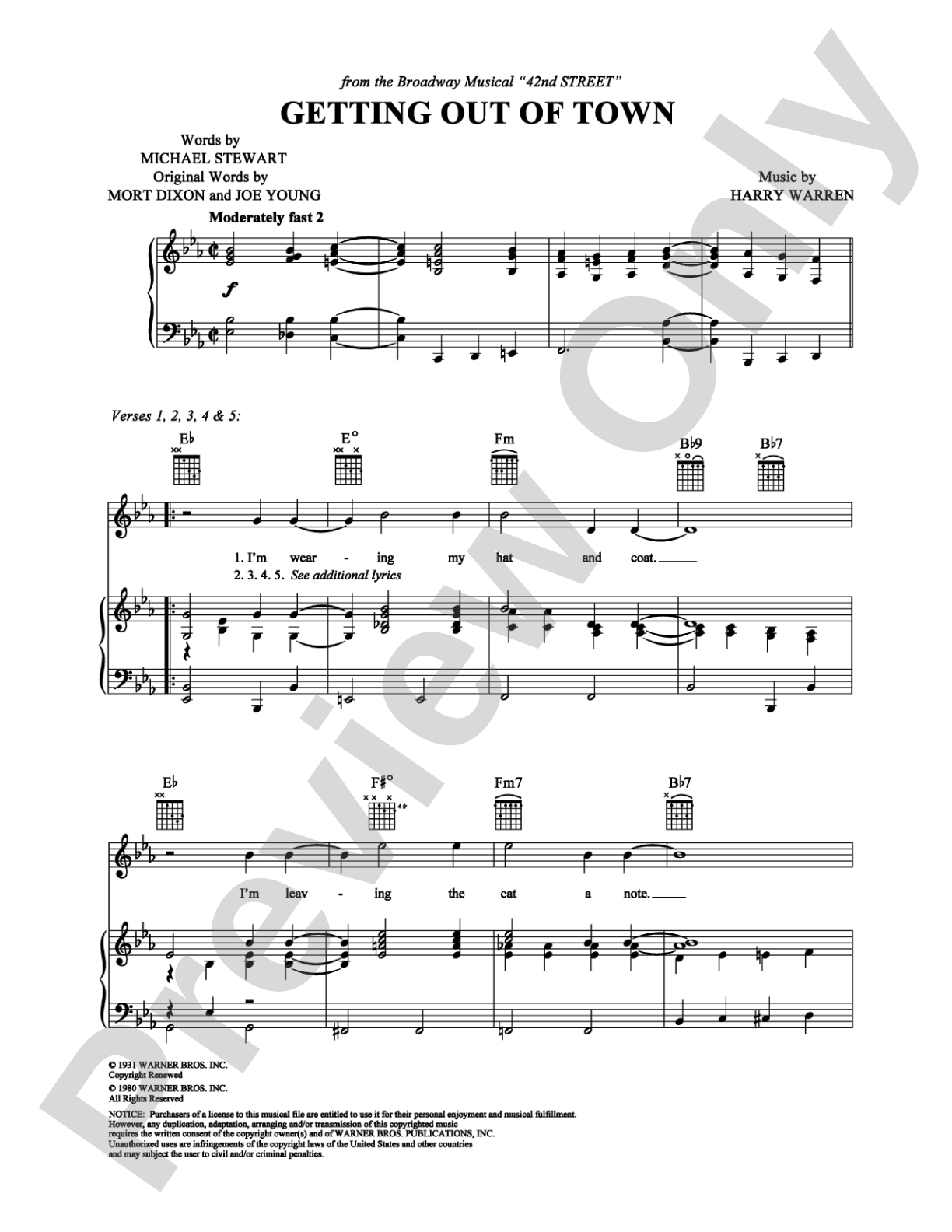 Getting Out of Town: Piano/Vocal/Chords Digital Sheet Music