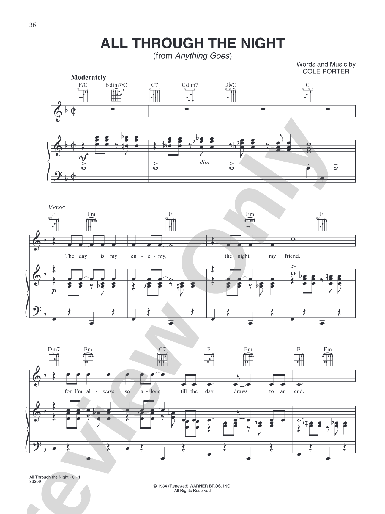All Through the Night (from "Anything Goes"): Piano/Vocal/Chords