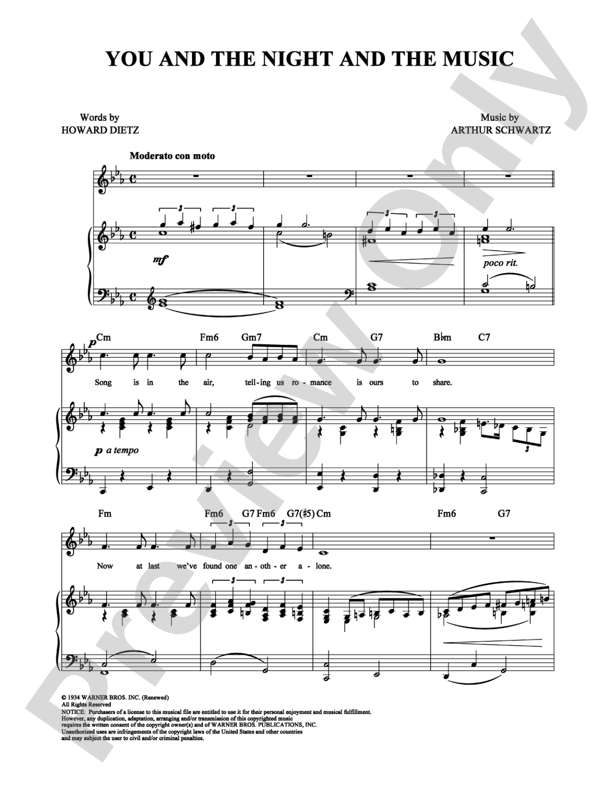 You and the Night and the Music: Piano/Vocal/Chords Digital Sheet Music