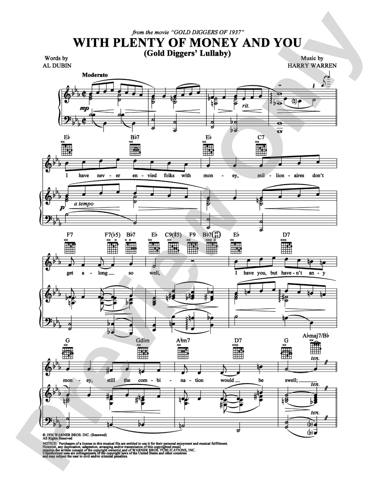 With Plenty of Money and You (Gold Diggers' Lullaby): Piano/Vocal/Chords Digital Sheet Music
