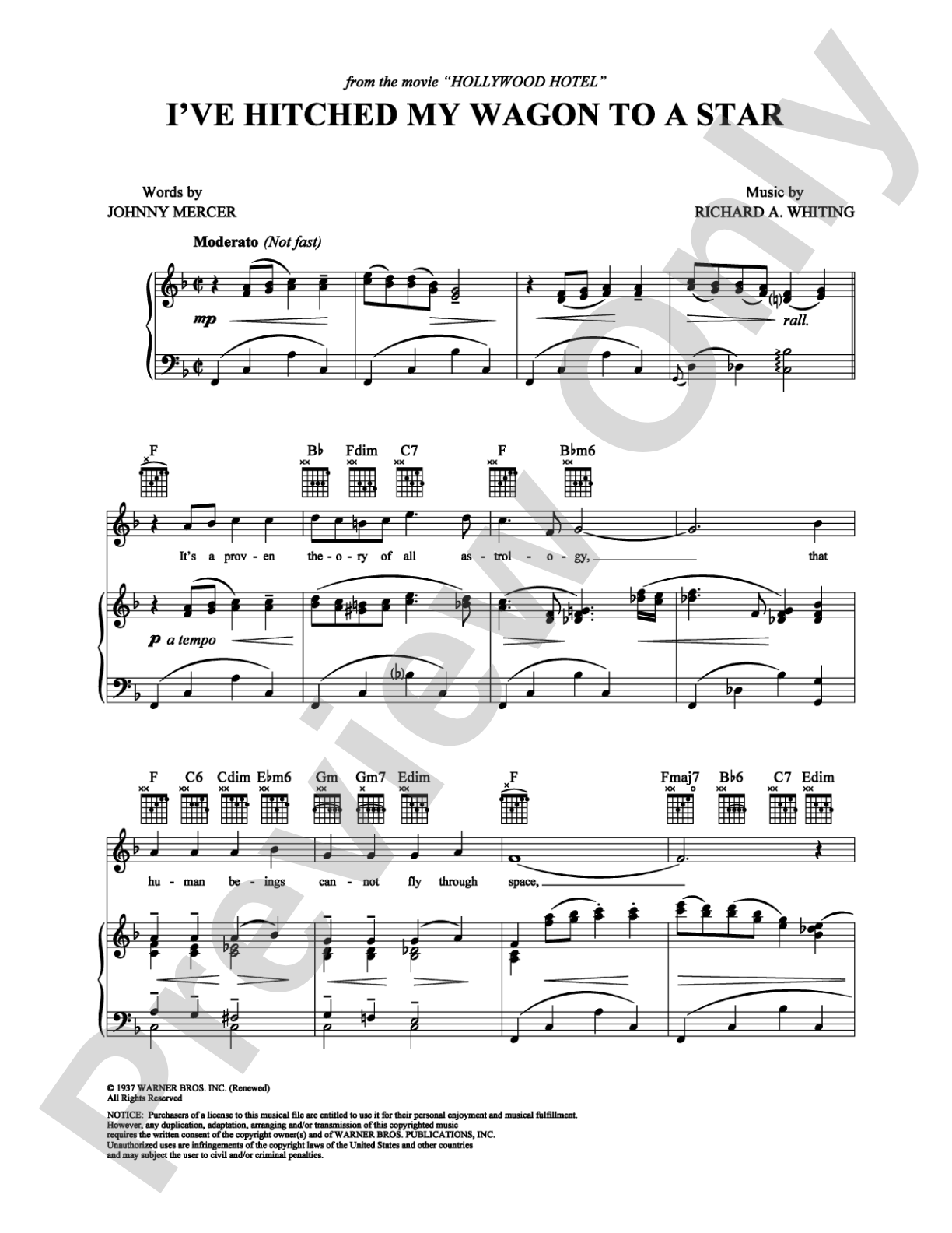 I've Hitched My Wagon to a Star: Piano/Vocal/Chords Digital Sheet Music