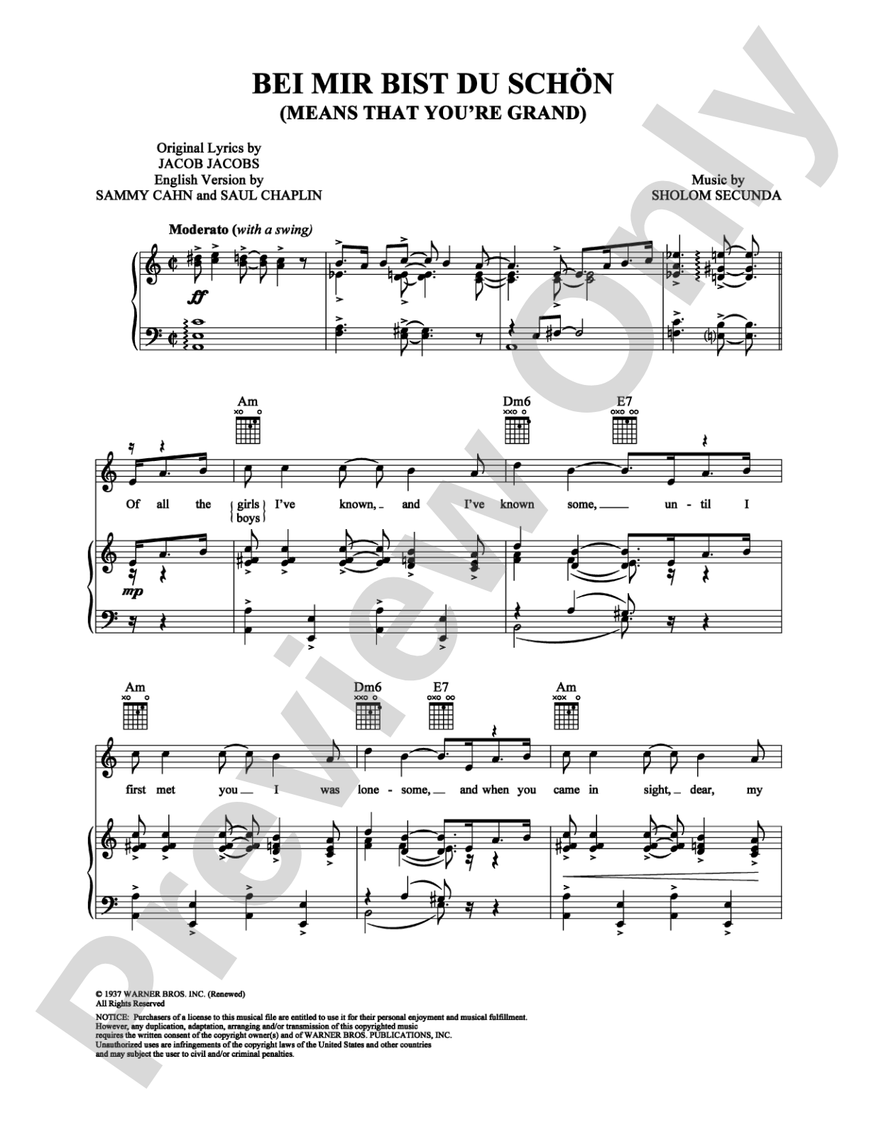 Bei Mir Bist Du Schon: Piano/Vocal/Chords Digital Sheet Music