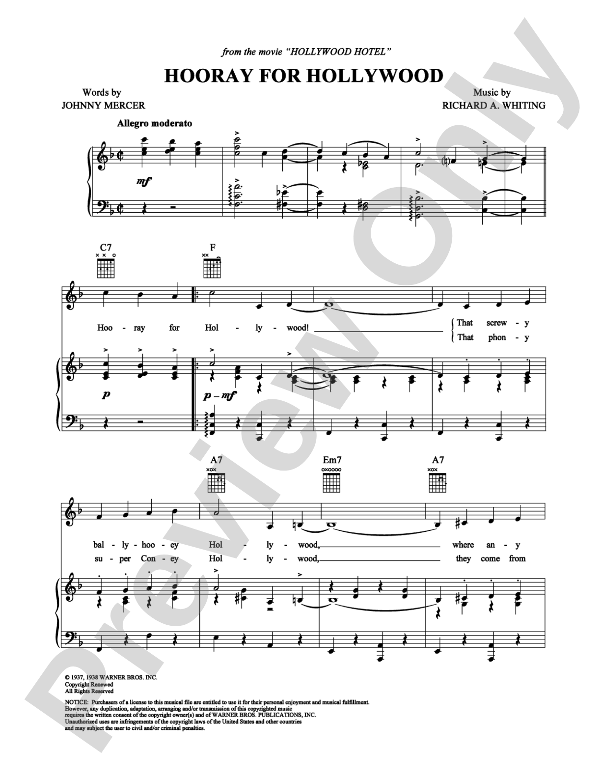 Hooray for Hollywood: Piano/Vocal/Chords Digital Sheet Music