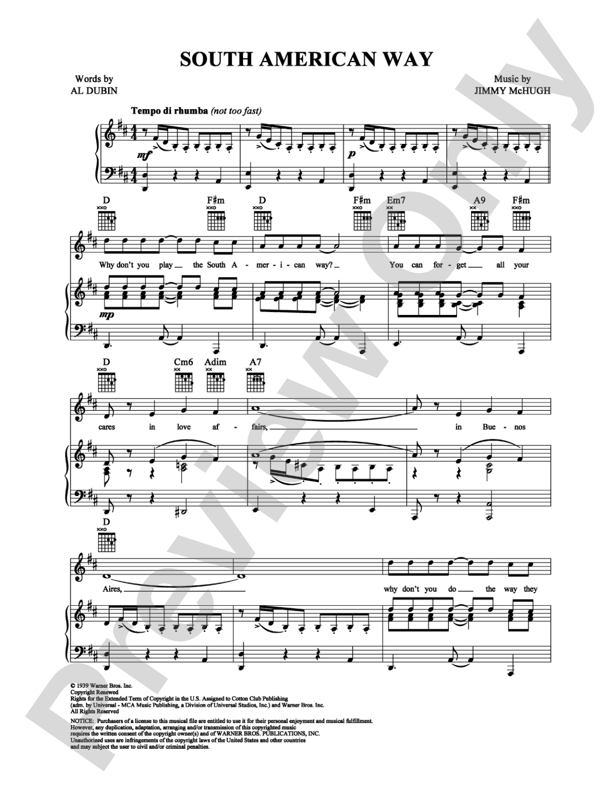 South American Way: Piano/Vocal/Chords Digital Sheet Music