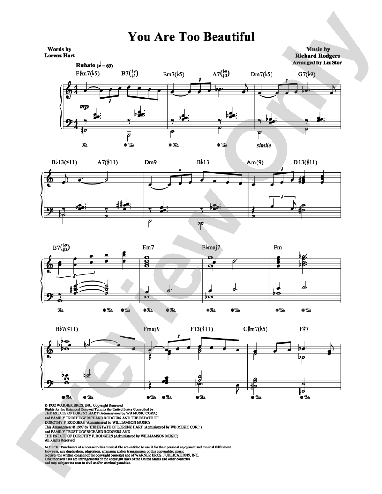 You Are Too Beautiful: Piano Digital Sheet Music