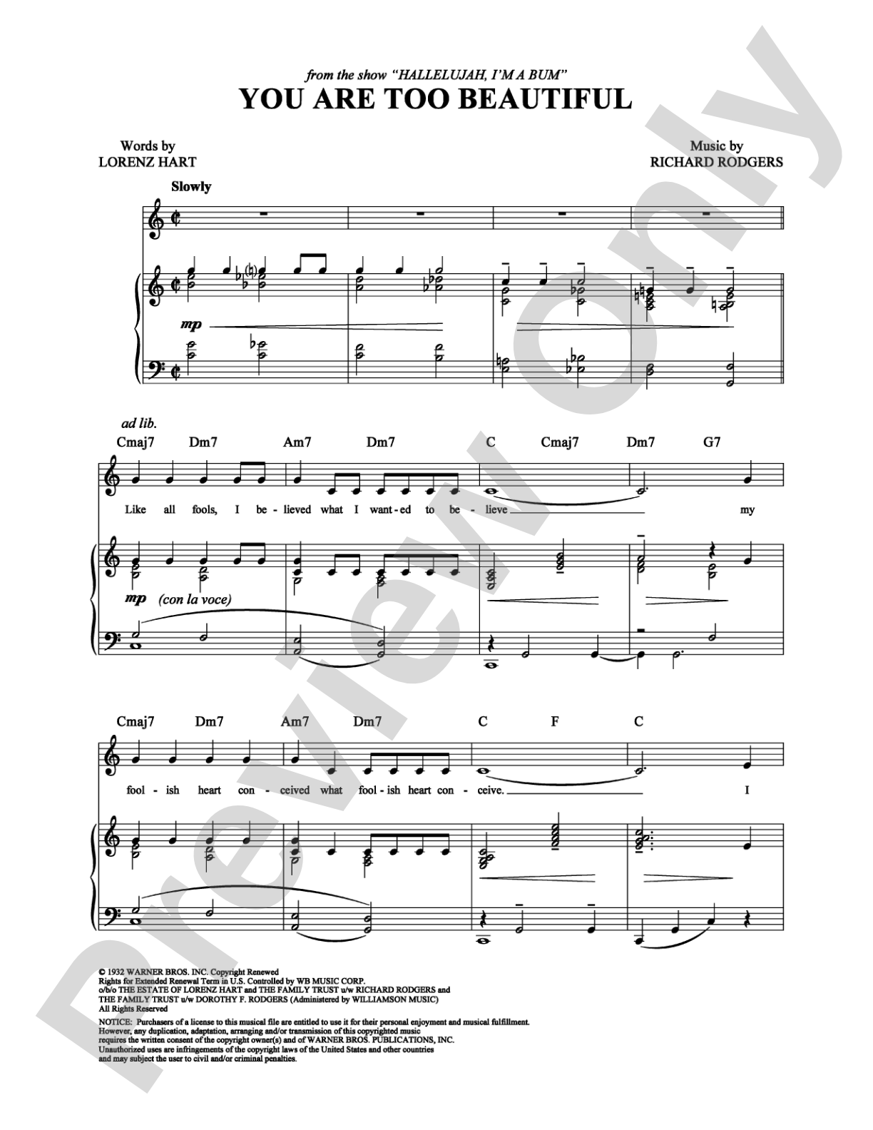 You Are Too Beautiful: Piano/Vocal/Chords Digital Sheet Music