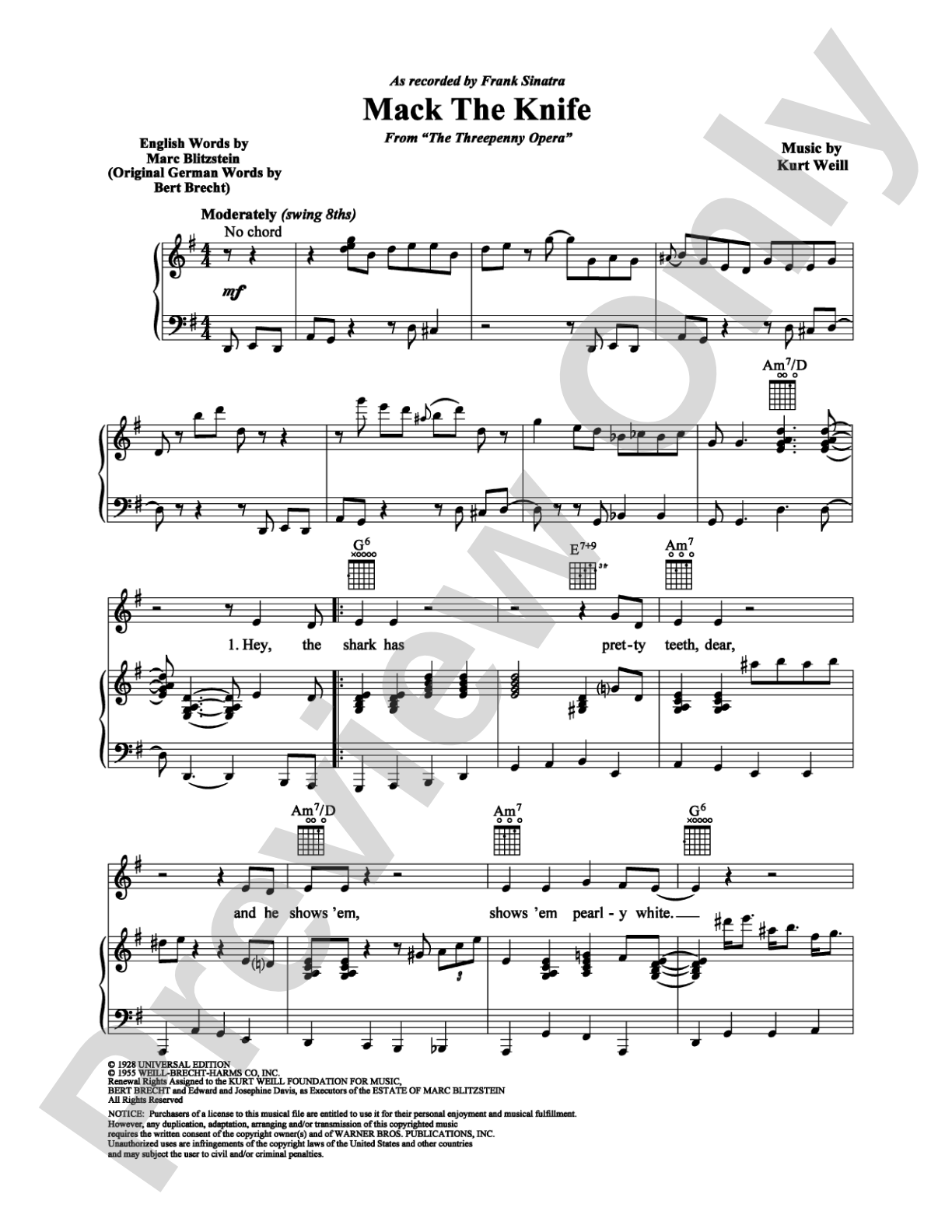Mack The Knife: Piano/Vocal/Chords Digital Sheet Music
