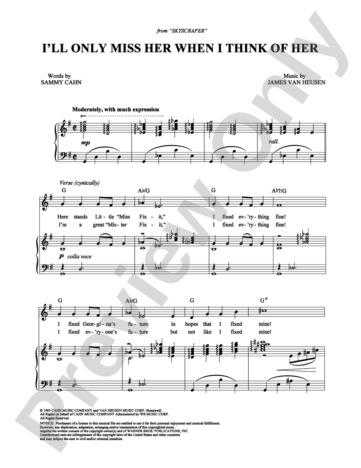 I'll Only Miss Her When I Think of Her: Piano/Vocal/Chords Digital Sheet Music