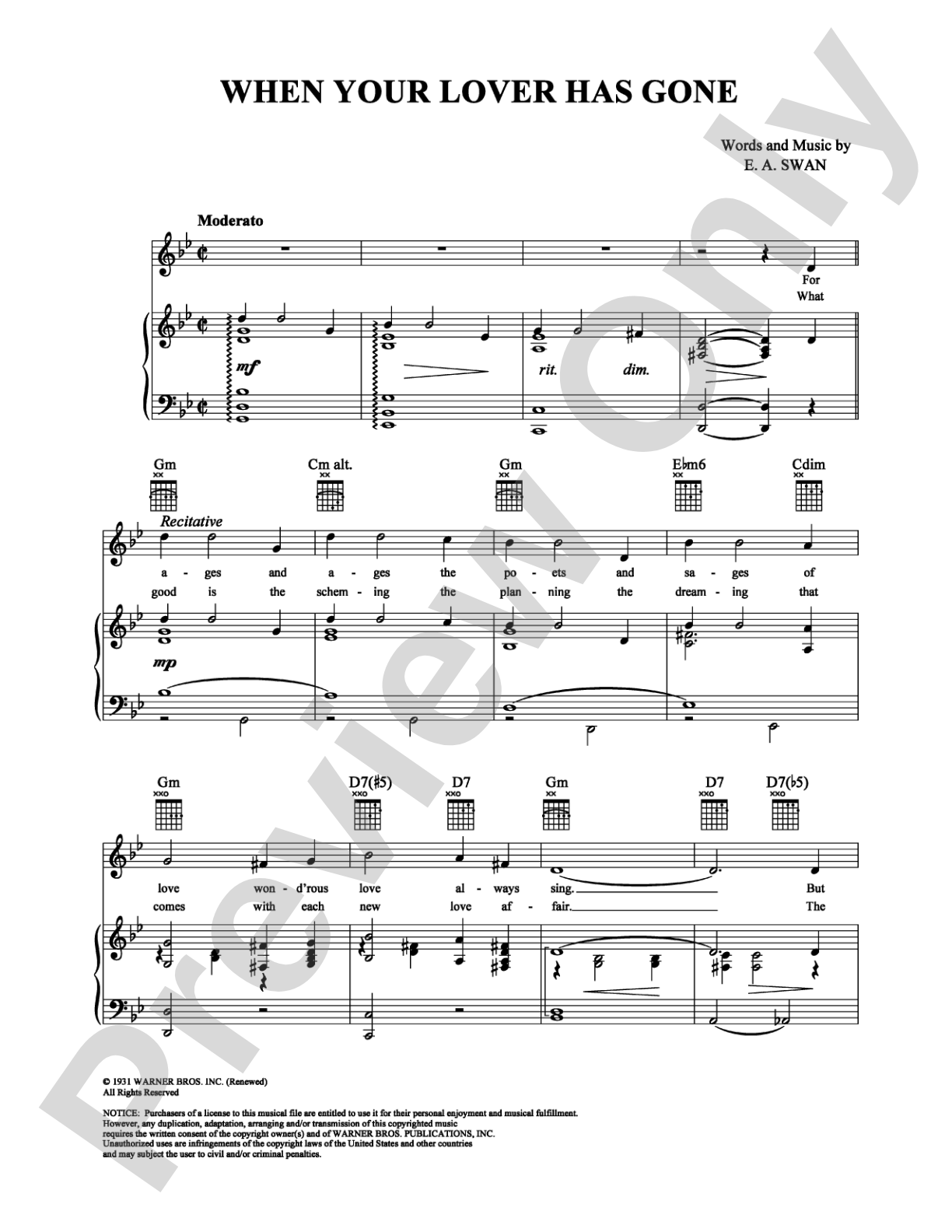 When Your Lover Has Gone: Piano/Vocal/Chords Digital Sheet Music