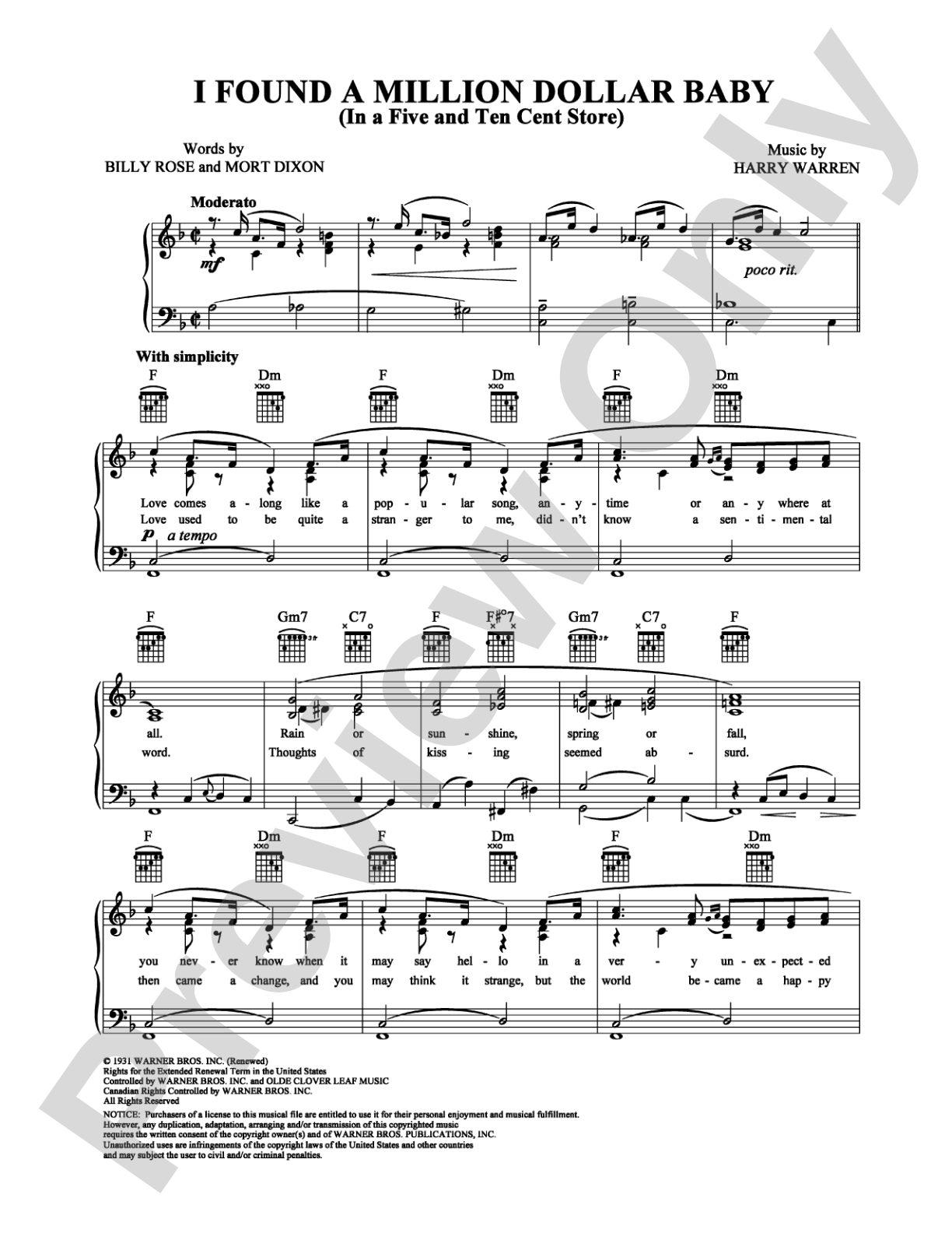 I Found a Million Dollar Baby (In a Five and Ten Cent Store): Piano/Vocal/Chords Digital Sheet Music