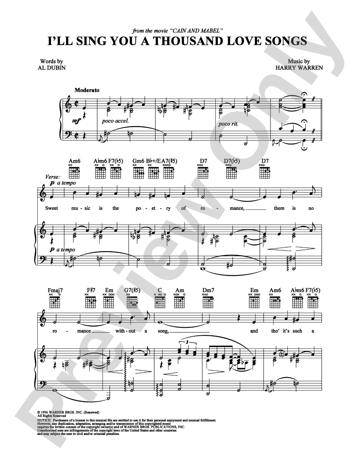 I'll Sing You a Thousand Love Songs: Piano/Vocal/Chords Digital Sheet Music