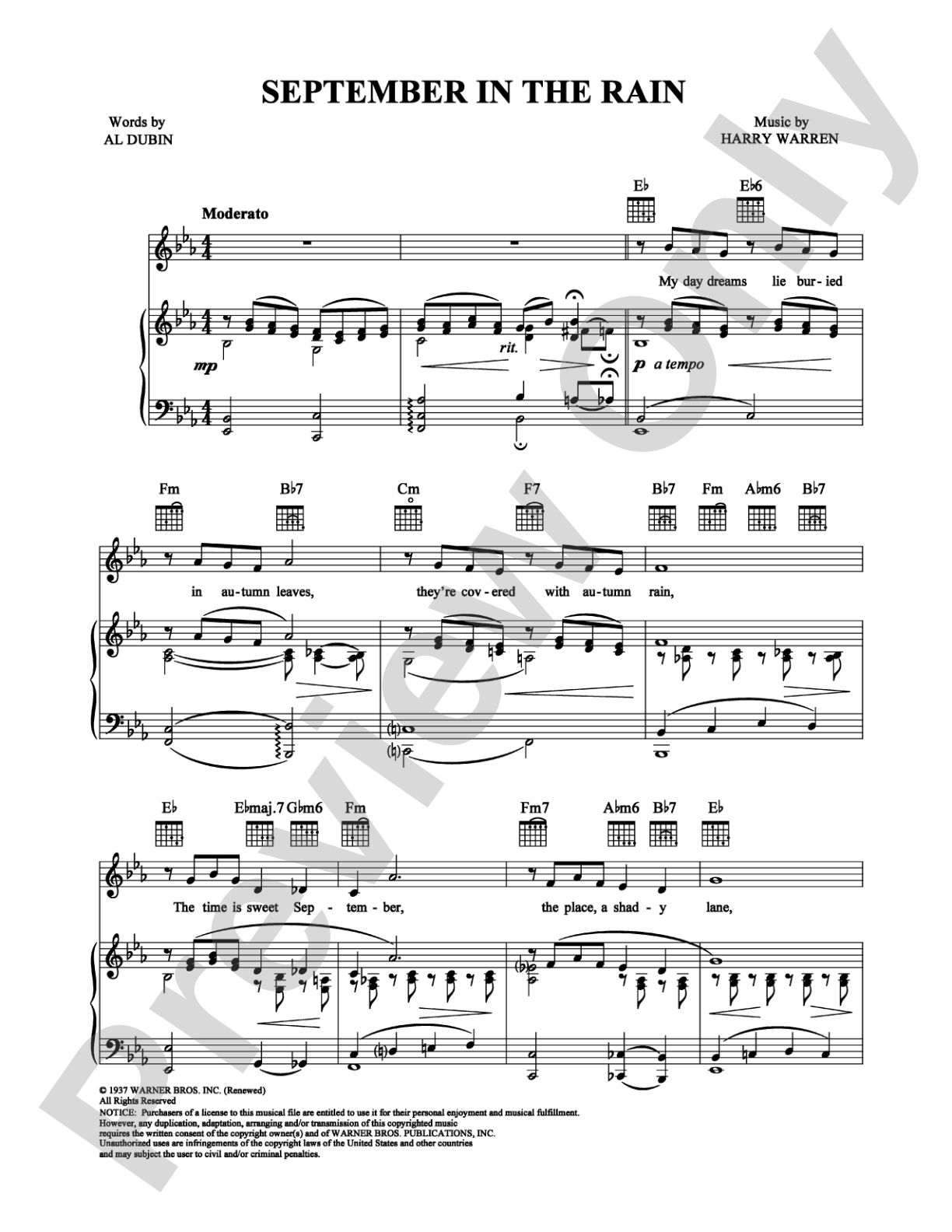 September in the Rain: Piano/Vocal/Chords Digital Sheet Music