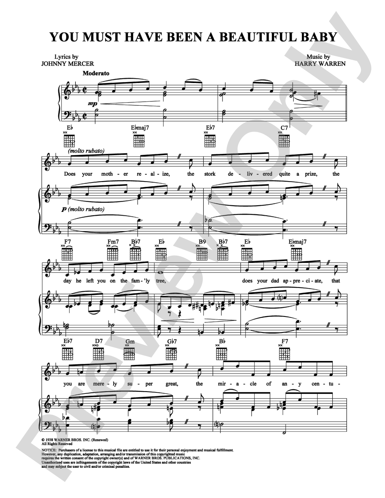 You Must Have Been a Beautiful Baby: Piano/Vocal/Chords Digital Sheet Music