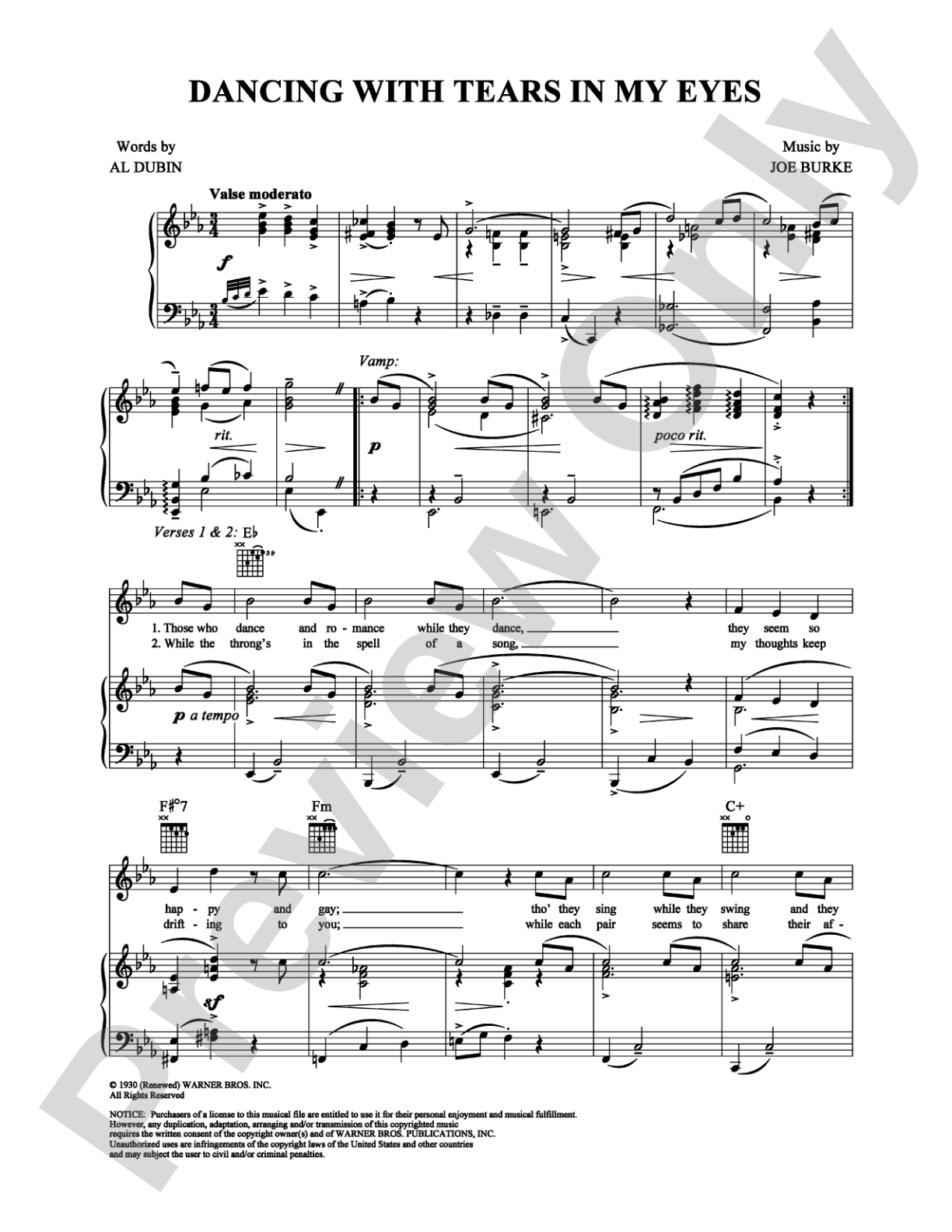 Dancing With Tears in My Eyes: Piano/Vocal/Chords Digital Sheet Music