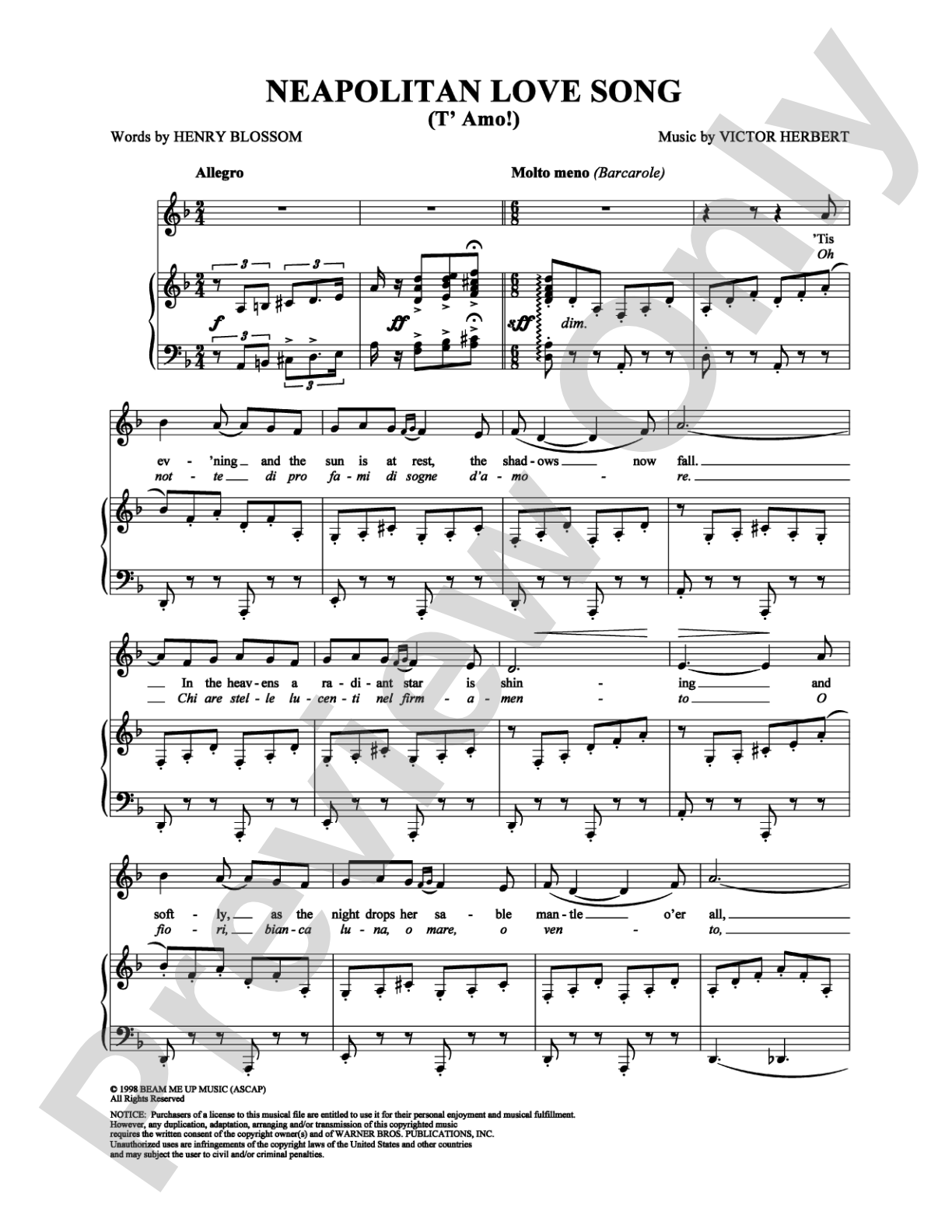 Neapolitan Love Song: Piano/Vocal/Chords Digital Sheet Music