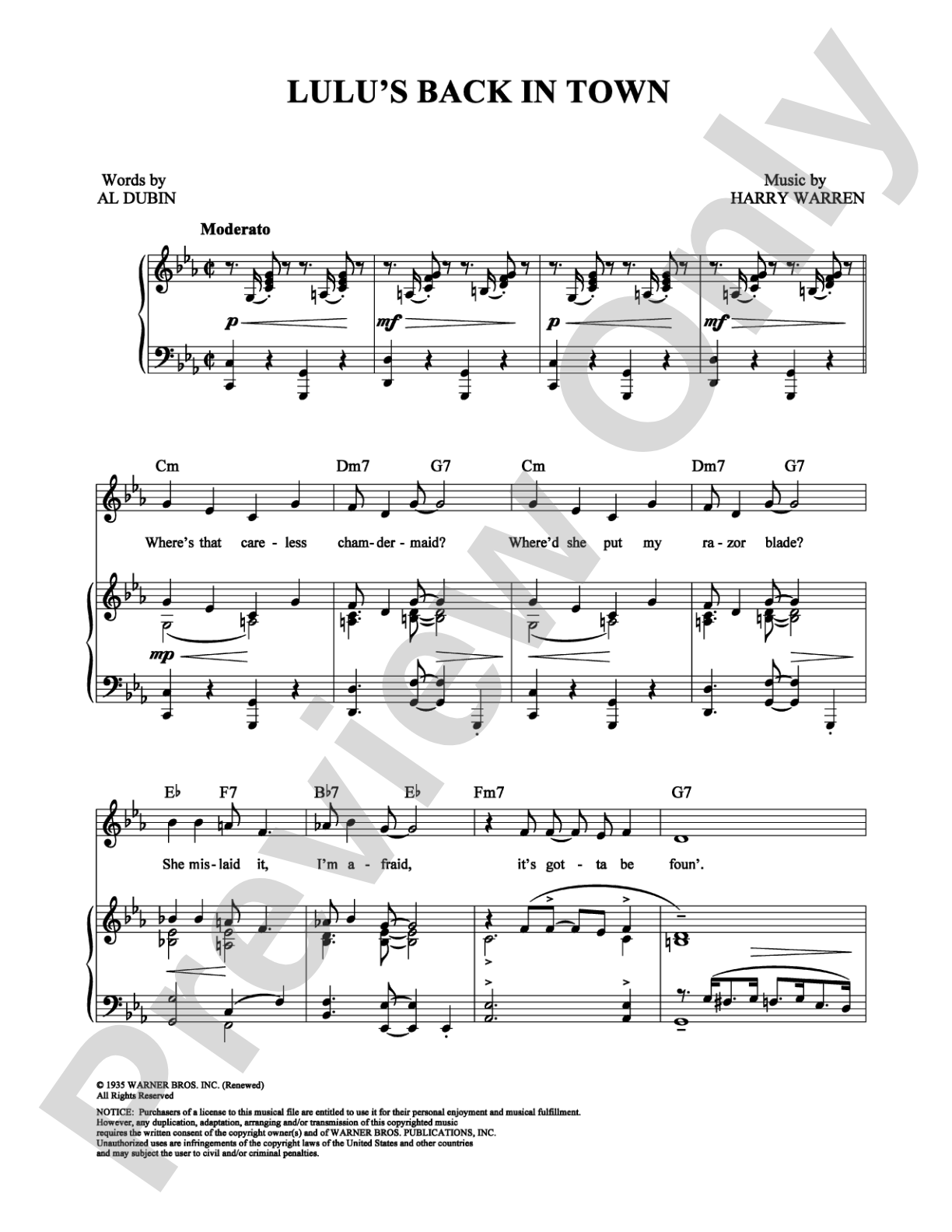Lulu's Back In Town: Piano/Vocal/Chords Digital Sheet Music