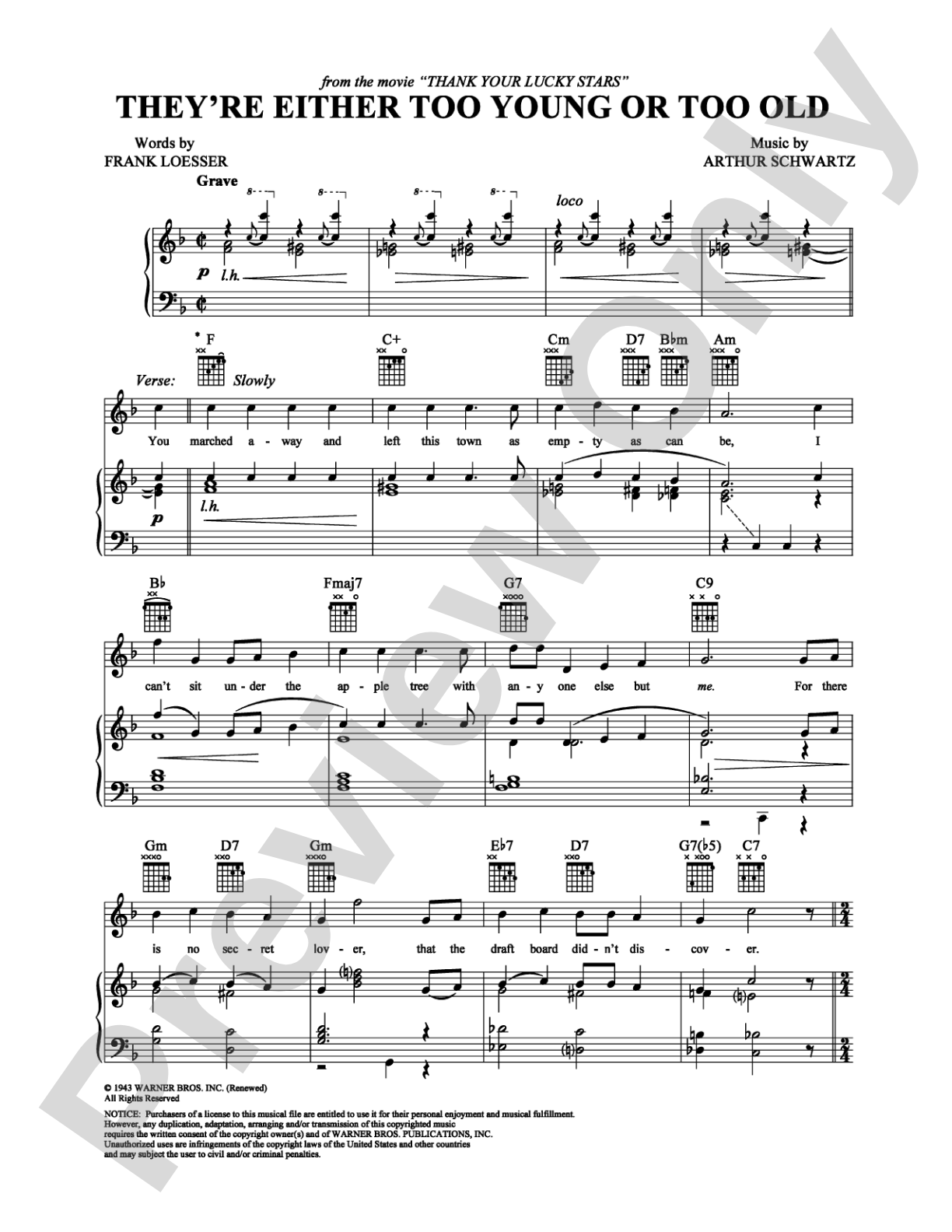 They're Either Too Young or Too Old: Piano/Vocal/Chords Digital Sheet Music