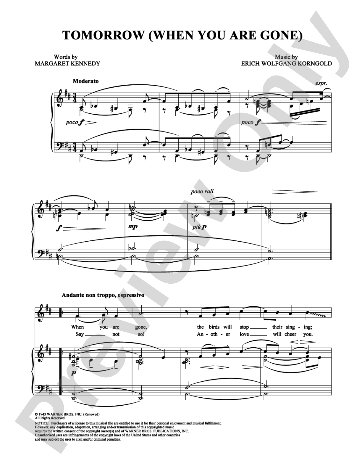 Tomorrow (When You Are Gone): Piano/Vocal/Chords Digital Sheet Music