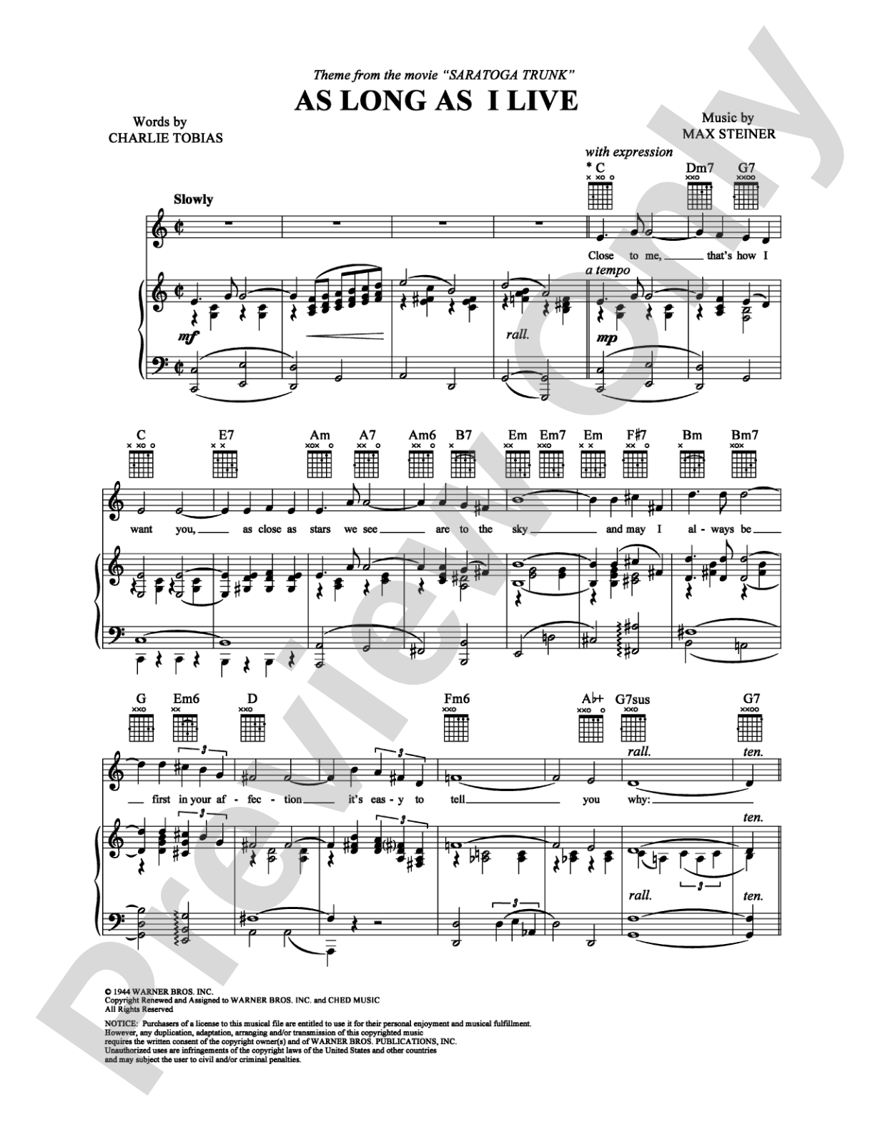 As Long As I Live: Piano/Vocal/Chords Digital Sheet Music