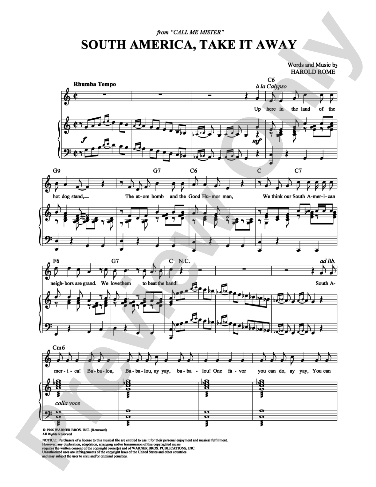 South America, Take It Away: Piano/Vocal/Chords Digital Sheet Music