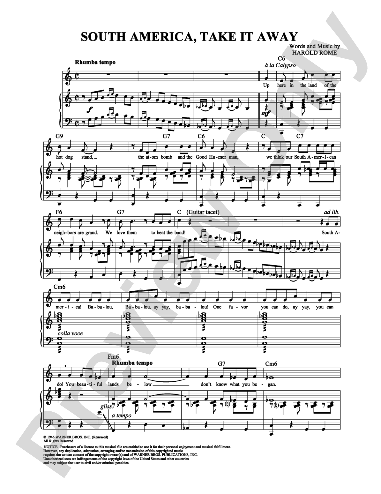 South America, Take It Away: Piano/Vocal/Chords Digital Sheet Music