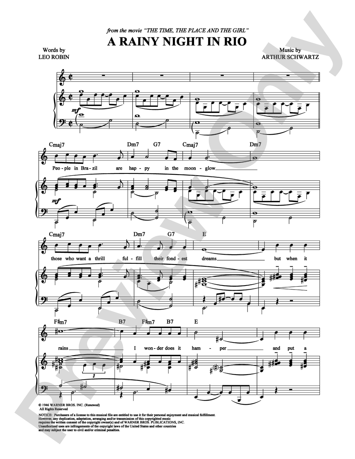A Rainy Night in Rio: Piano/Vocal/Chords Digital Sheet Music