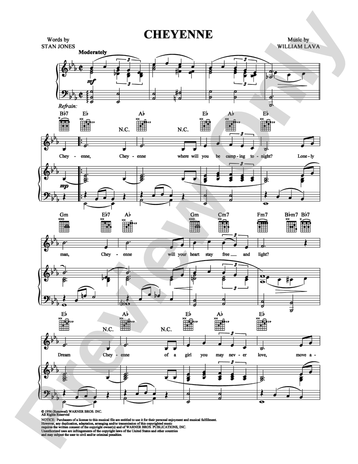 Cheyenne: Piano/Vocal/Chords Digital Sheet Music